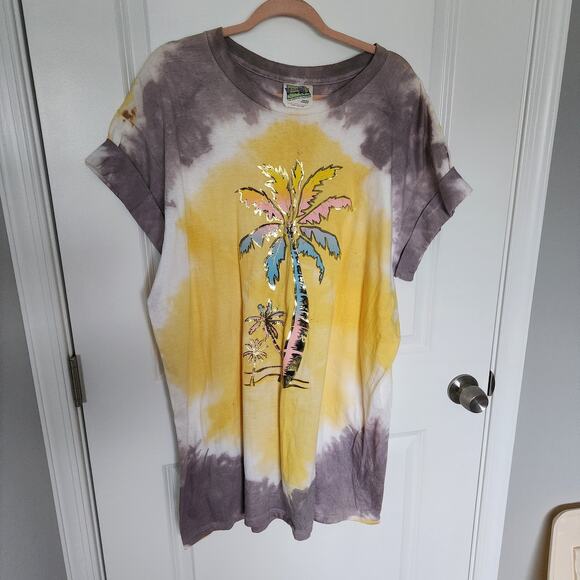 Village Mews Vintage Yellow Tie Dye T Shirt Yellow Grey Palm Tree OSFM - Picture 7 of 8